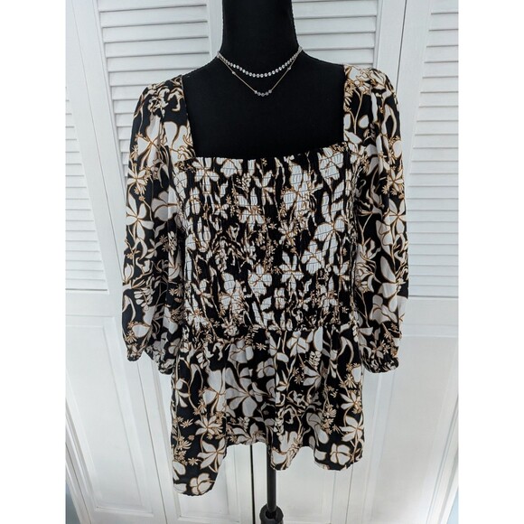 Ava & Viv Top Womens 1X Smocked Boho Peasant Peplum Floral Square Neck Black Tan - Picture 1 of 12
